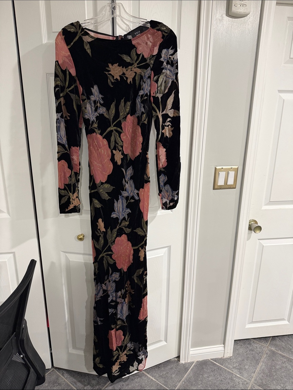 Vici Black Maxi Dress with Pink and Green Floral Pattern